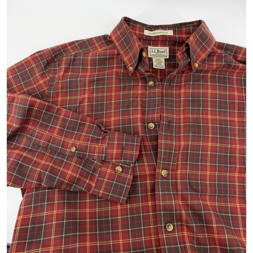 LL Bean Mens Small Red Plaid Cotton Cashmere Wrinkle Resistant Shirt 0GLS1